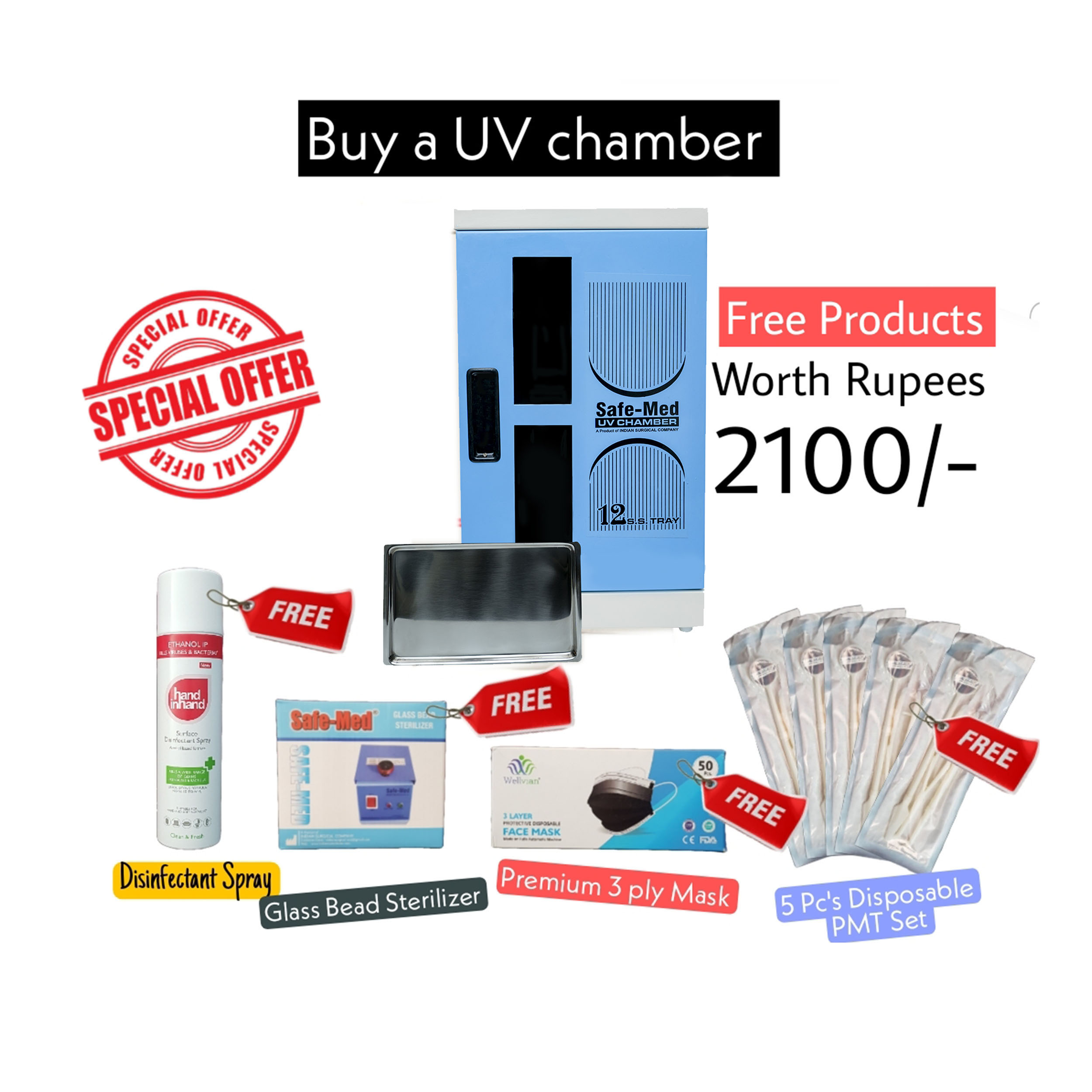 Safe Med UV Chamber (1) + Disposable PMT Set (5) + 3 Ply Mask (1)+ Surface Disinfactant (1)